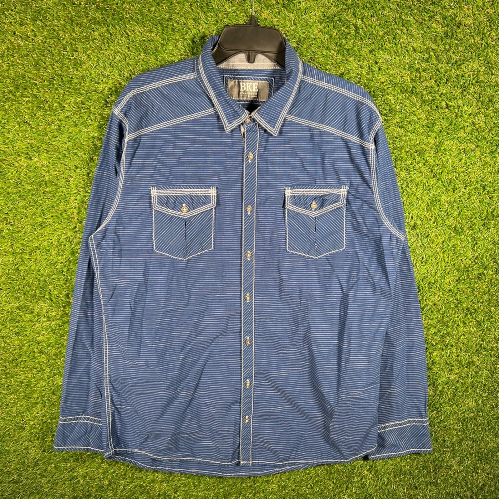 BKE Mens XL Blue‎ Striped Long Sleeve Button Down Western Shirt Contrast